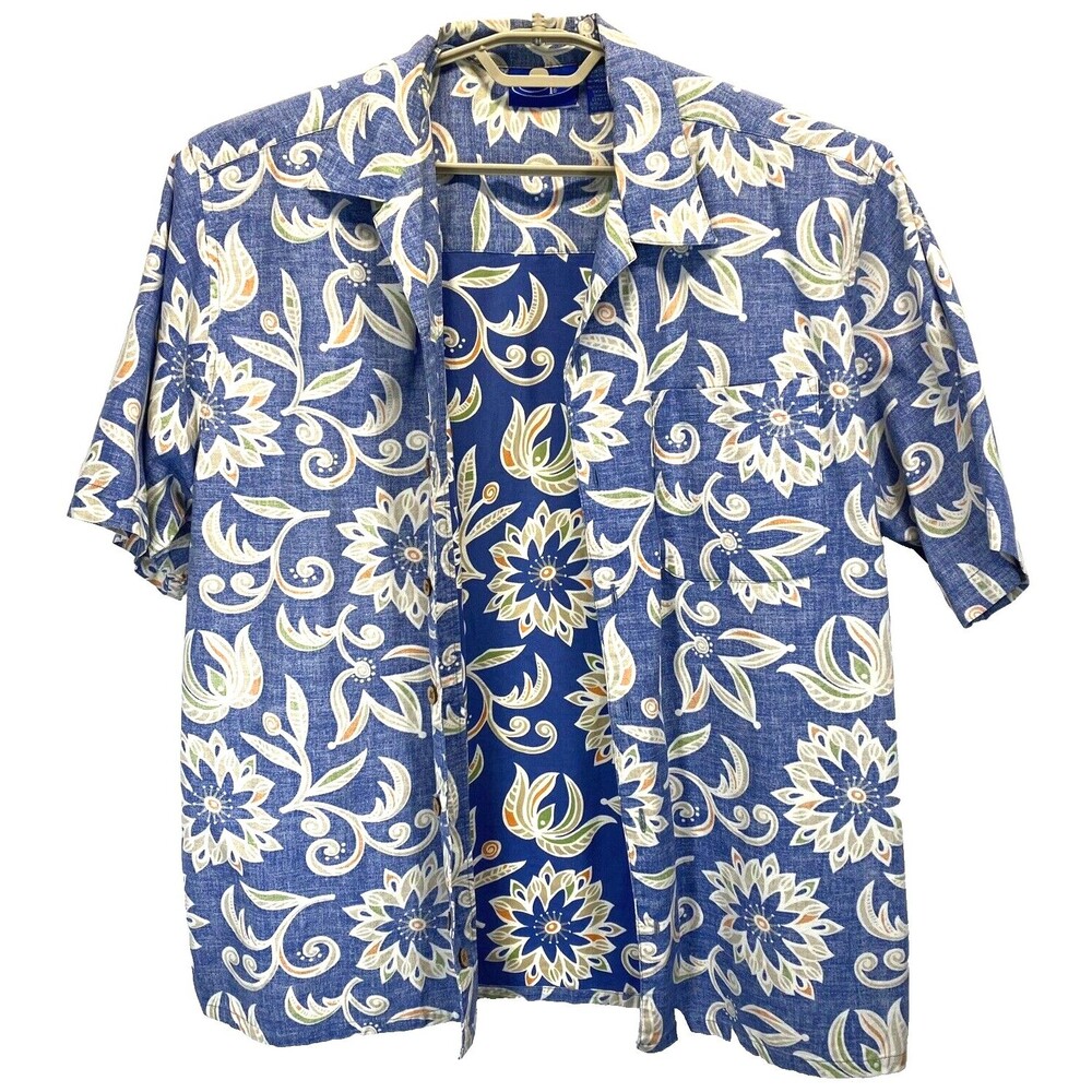 Ocean Pacific OP Men's Shirt Medium Blue Floral Hawaiian Wooden Buttons RN87989